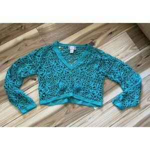 Vintage Elizabeth Jordan turquoise Crochet Sweater/Floral Size L
